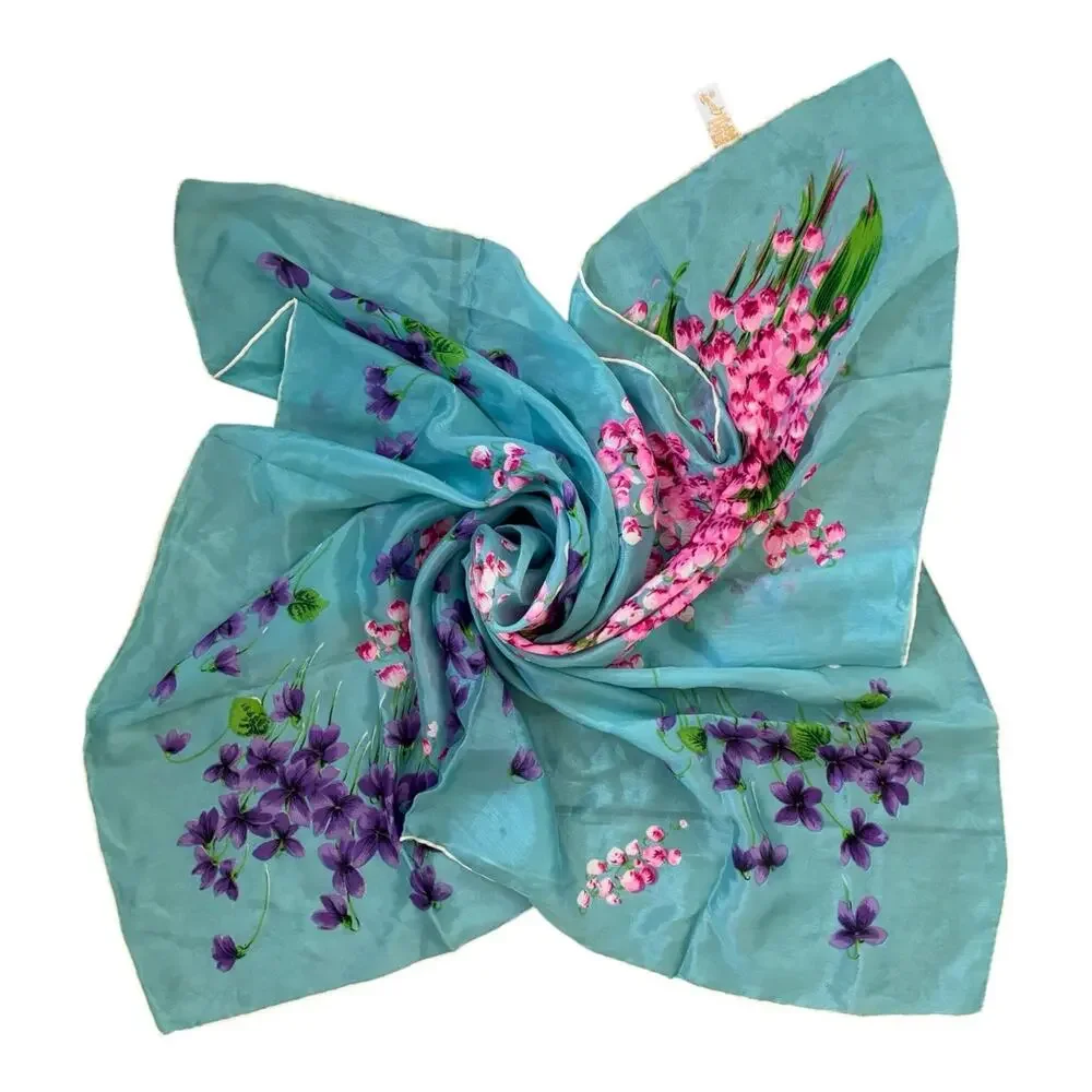 Glentex Silk Scarf Square blue with Purple Pink Floral Japan 30x30 vintage